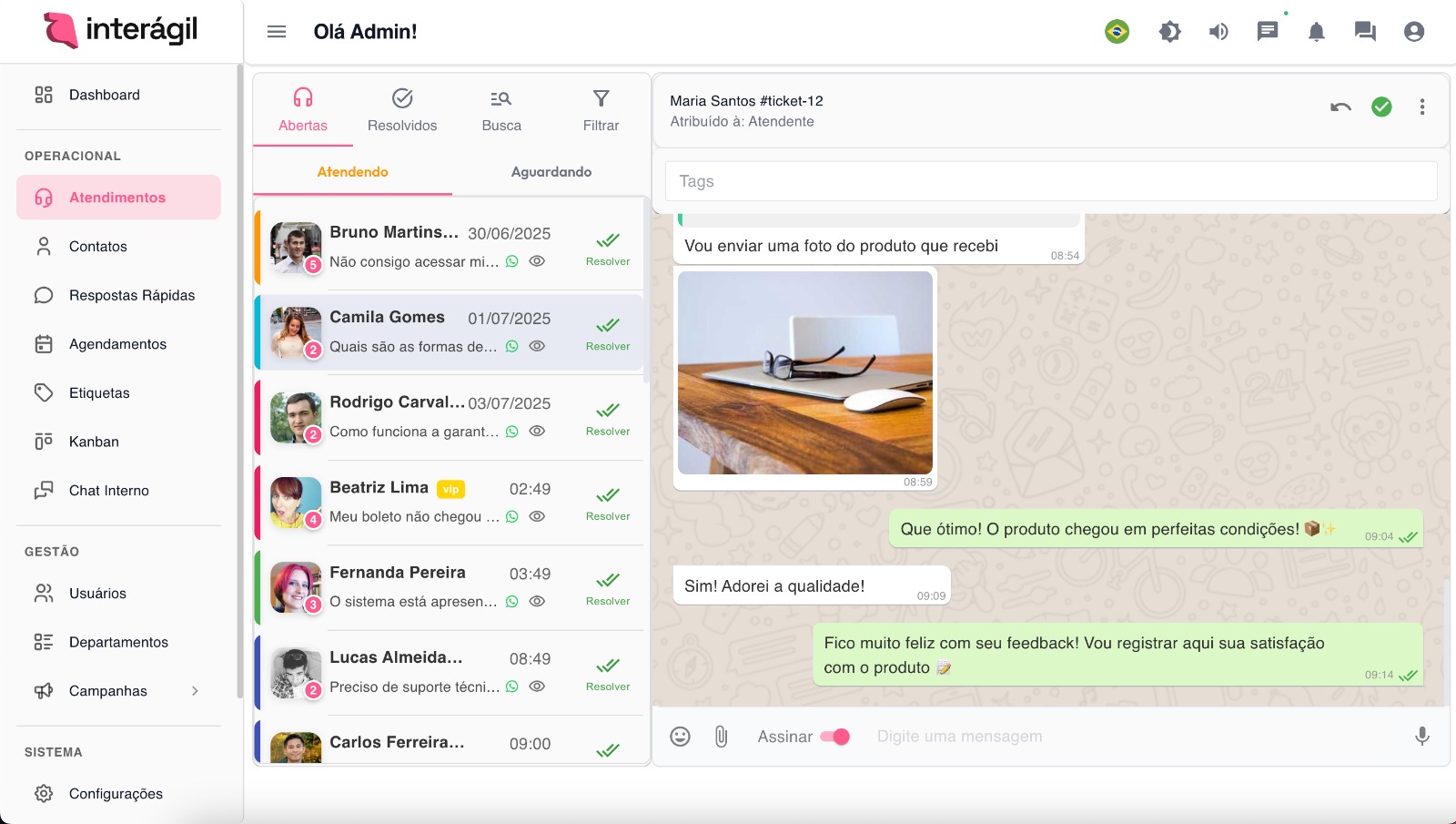 Sistema de tickets Interágil - Organização completa de atendimentos WhatsApp Business